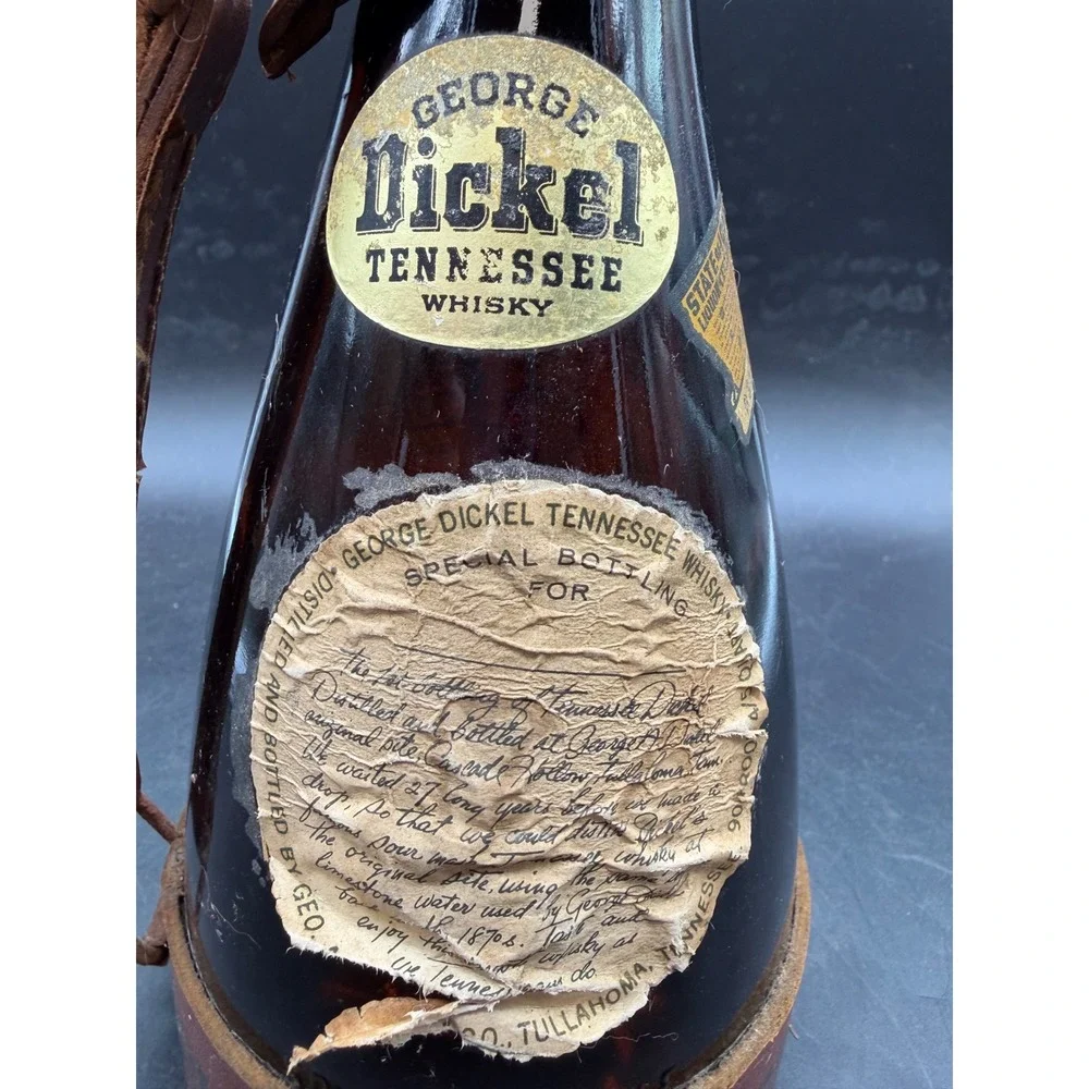 Vintage George Dickel Tennessee Whisky Powder Horn Amber Glass Bottle Leather